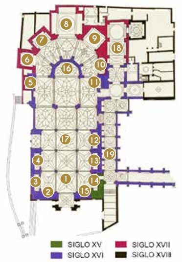 Plano de la catedral de Calahorra con sus capillas señaladas con fechas